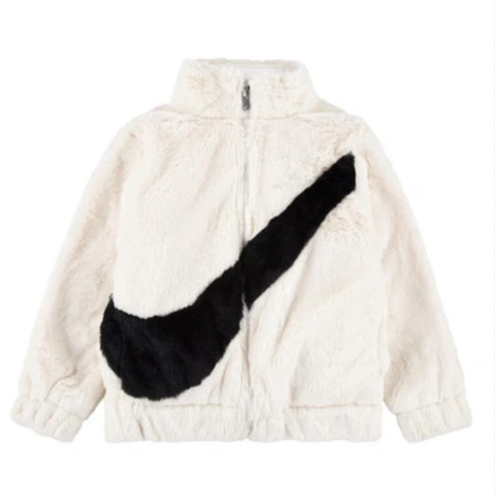 Nike Kids Big Swoosh Faux Fur Jacket in White Sail Black Size Small 5 Full Zip